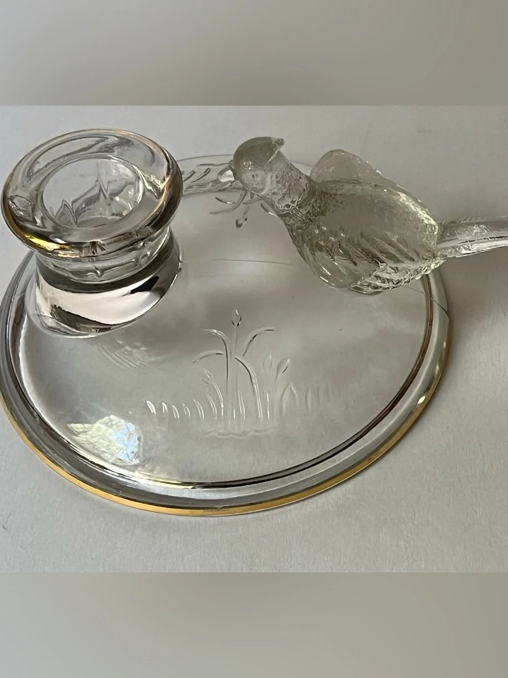 Clear Glass Bird Candle Holders with Gold Trim - Pair-by Jeanette Glass